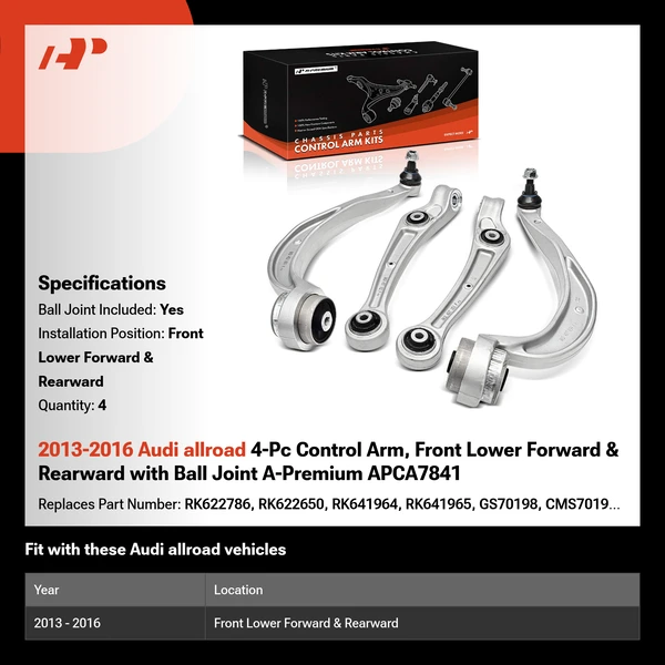 2013-2016 Audi allroad 4-Pc Control Arm, Front Lower Forward & Rearward with Ball Joint A-Premium APCA7841