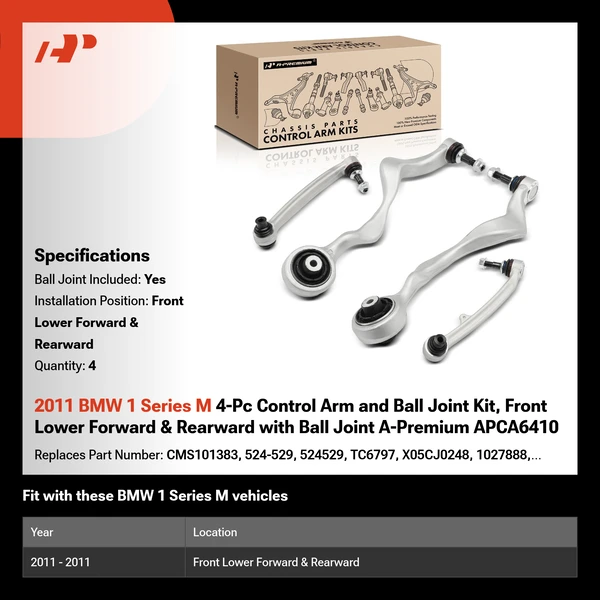 2011 BMW 1 Series M 4-Pc Control Arm and Ball Joint Kit, Front Lower Forward & Rearward with Ball Joint A-Premium APCA6410