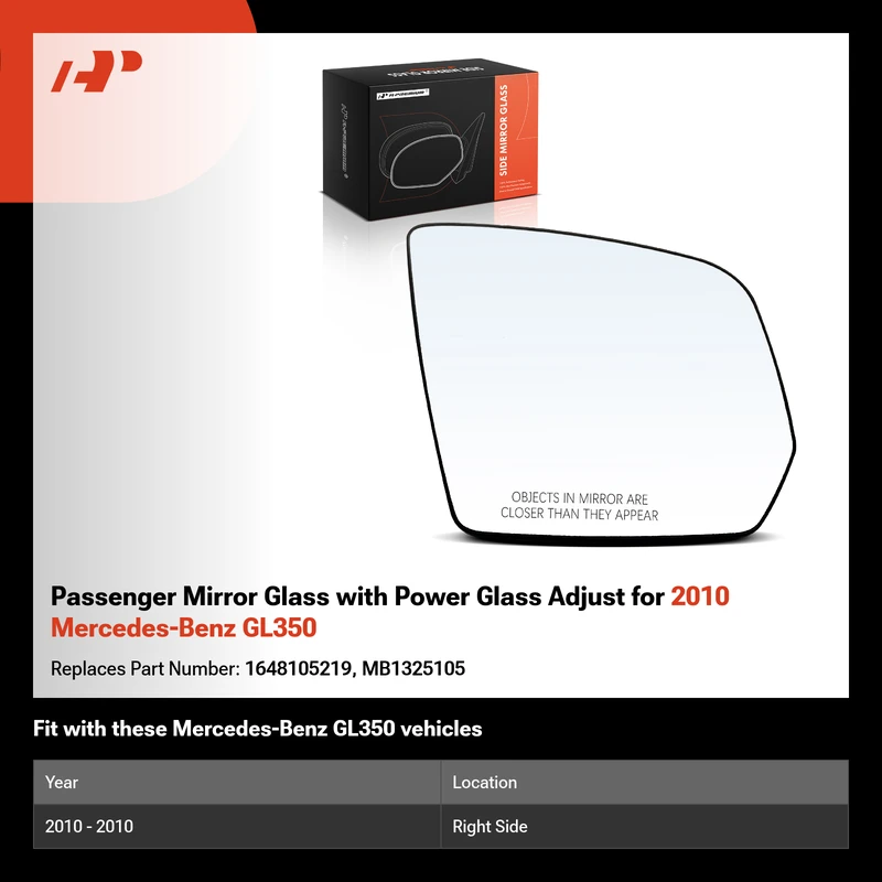 Passenger Mirror Glass with Power Glass Adjust for 2010 Mercedes-Benz GL350