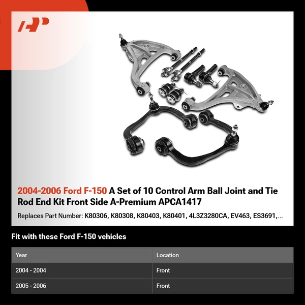 2004-2006 Ford F-150 A Set of 10 Control Arm Ball Joint and Tie Rod End Kit Front Side A-Premium APCA1417