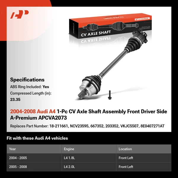 2004-2008 Audi A4 1-Pc CV Axle Shaft Assembly Front Driver Side A-Premium APCVA2073