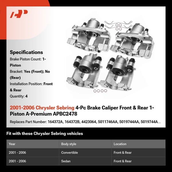 2001-2006 Chrysler Sebring 4-Pc Brake Caliper Front & Rear 1-Piston A-Premium APBC2478