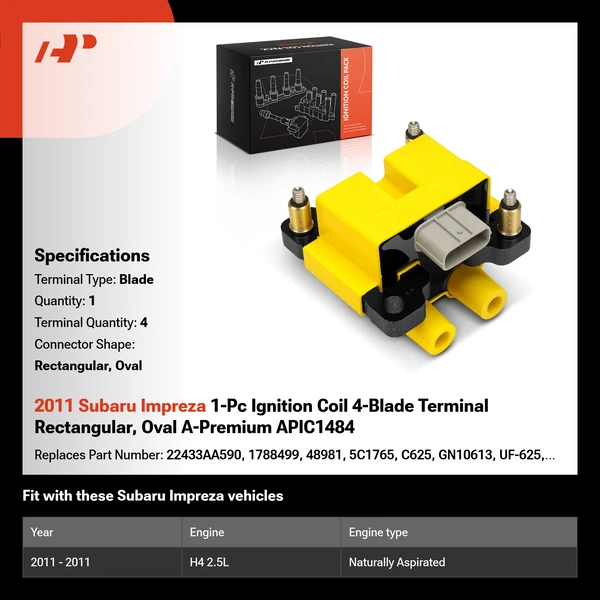 2011 Subaru Impreza 1-Pc Ignition Coil 4-Blade Terminal Rectangular, Oval A-Premium APIC1484