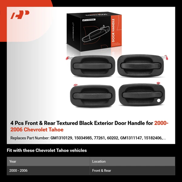 4 Pcs Front & Rear Textured Black Exterior Door Handle for 2000-2006 Chevrolet Tahoe