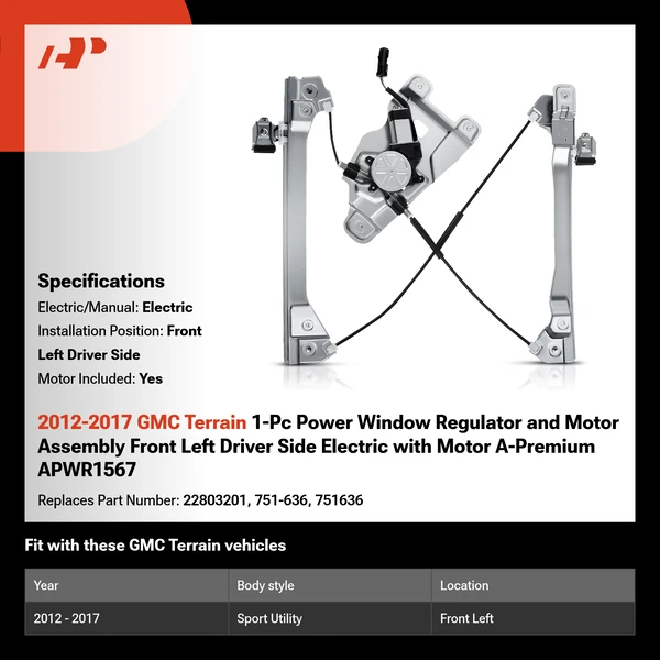 2012-2017 GMC Terrain 1-Pc Power Window Regulator and Motor Assembly Front Left Driver Side Electric with Motor A-Premium APWR1567