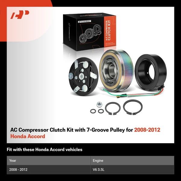 AC Compressor Clutch Kit with 7-Groove Pulley for 2008-2012 Honda Accord