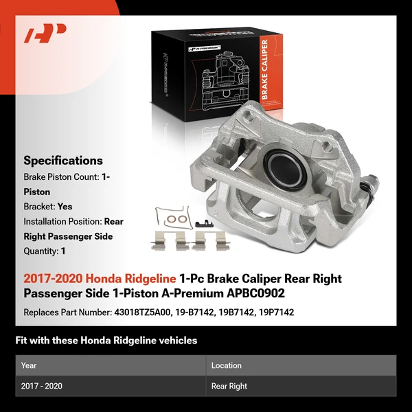 2017-2020 Honda Ridgeline 1-Pc Brake Caliper Rear Right Passenger Side 1-Piston A-Premium APBC0902