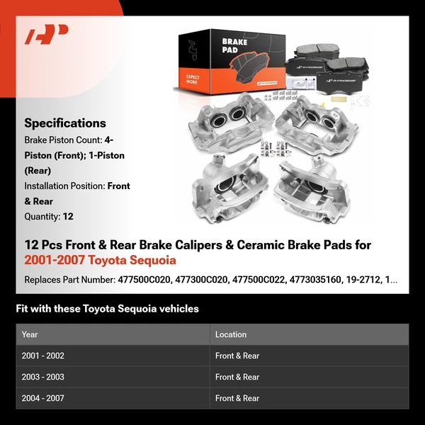 12 Pcs Front & Rear Brake Calipers & Ceramic Brake Pads for 2001-2007 Toyota Sequoia