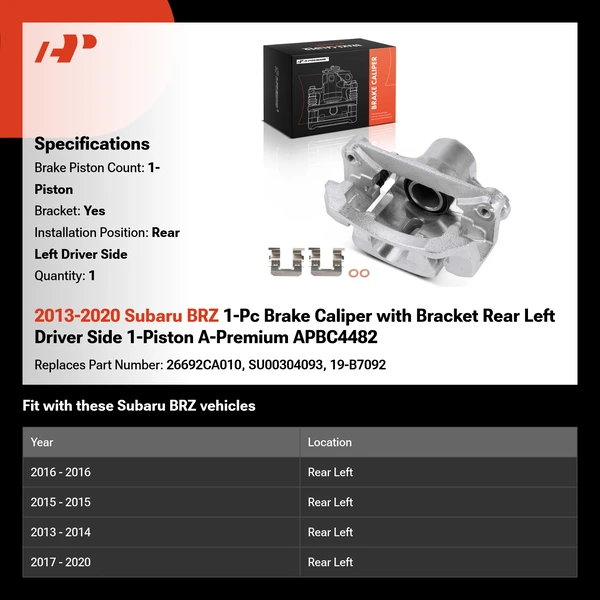 2013-2020 Subaru BRZ 1-Pc Brake Caliper with Bracket Rear Left Driver Side 1-Piston A-Premium APBC4482