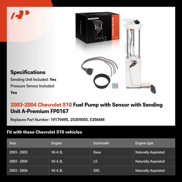 2003-2004 Chevrolet S10 Fuel Pump with Sensor with Sending Unit A-Premium FP0167