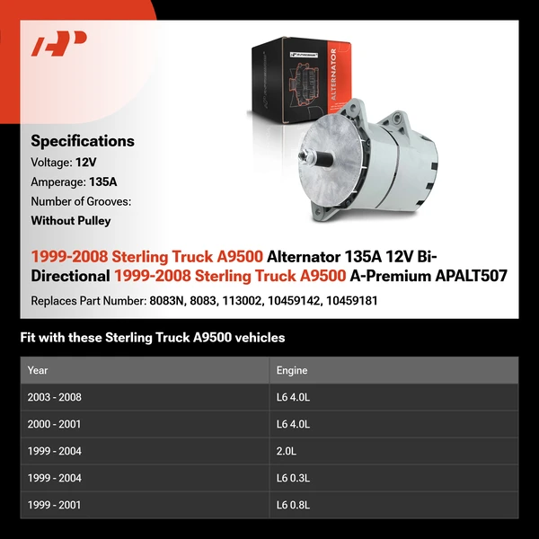 1999-2008 Sterling Truck A9500 Alternator 135A 12V Bi-Directional 1999-2008 Sterling Truck A9500 A-Premium APALT507