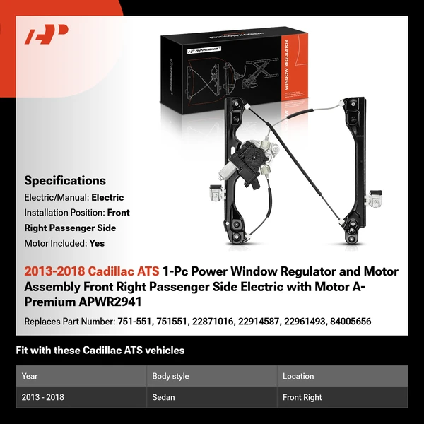 2013-2018 Cadillac ATS 1-Pc Power Window Regulator and Motor Assembly Front Right Passenger Side Electric with Motor A-Premium APWR2941