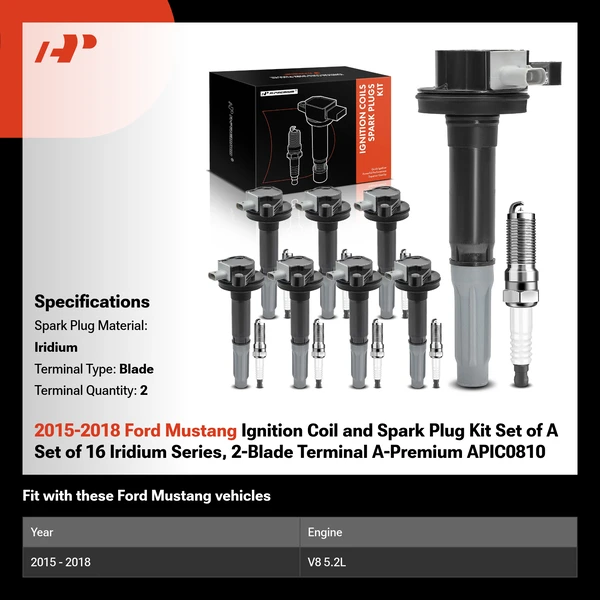 2015-2018 Ford Mustang Ignition Coil and Spark Plug Kit Set of A Set of 16 Iridium Series, 2-Blade Terminal A-Premium APIC0810