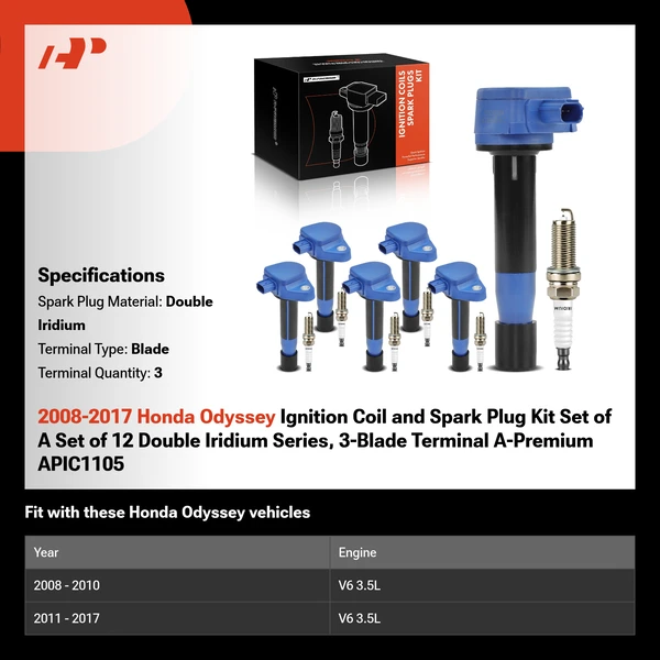 2008-2017 Honda Odyssey Ignition Coil and Spark Plug Kit Set of A Set of 12 Double Iridium Series, 3-Blade Terminal A-Premium APIC1105