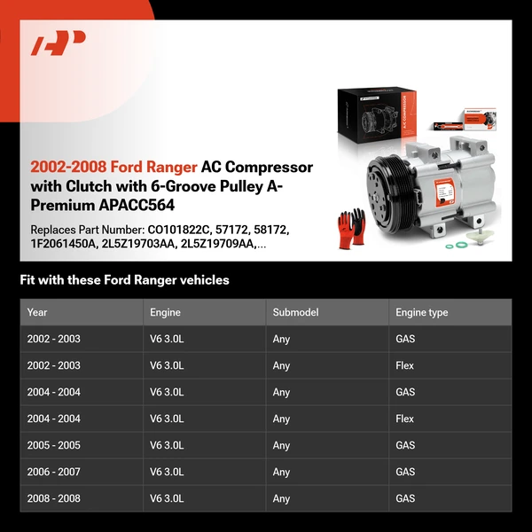 2002-2008 Ford Ranger AC Compressor with Clutch with 6-Groove Pulley A-Premium APACC564