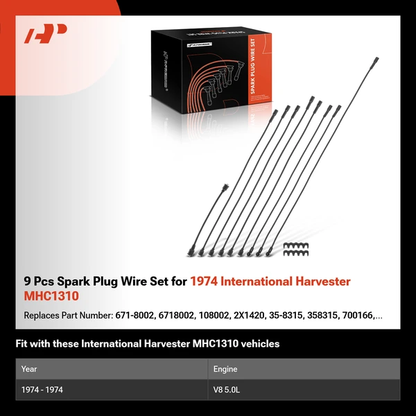 9 Pcs Spark Plug Wire Set for 1974 International Harvester MHC1310