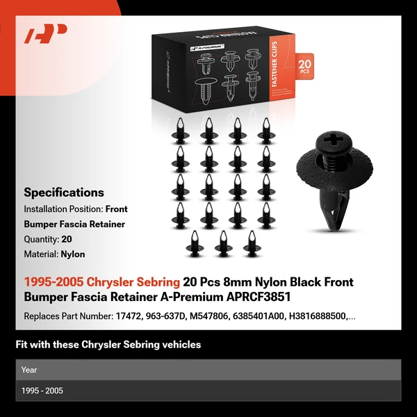 1995-2005 Chrysler Sebring 20 Pcs 8mm Nylon Black Front Bumper Fascia Retainer A-Premium APRCF3851
