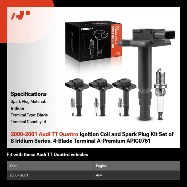 2000-2001 Audi TT Quattro Ignition Coil and Spark Plug Kit Set of 8 Iridium Series, 4-Blade Terminal A-Premium APIC0761
