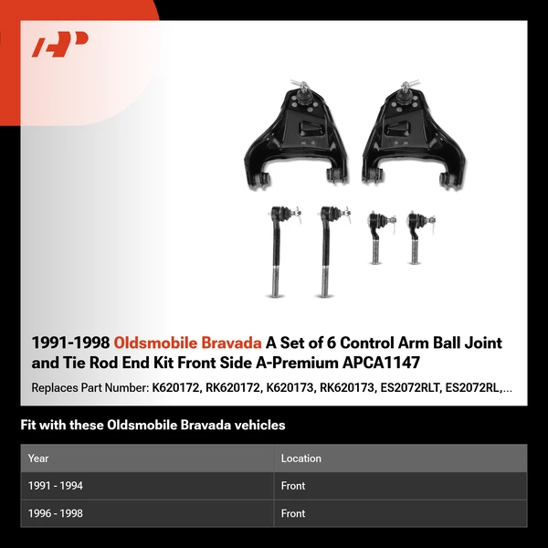 1991-1998 Oldsmobile Bravada A Set of 6 Control Arm Ball Joint and Tie Rod End Kit Front Side A-Premium APCA1147