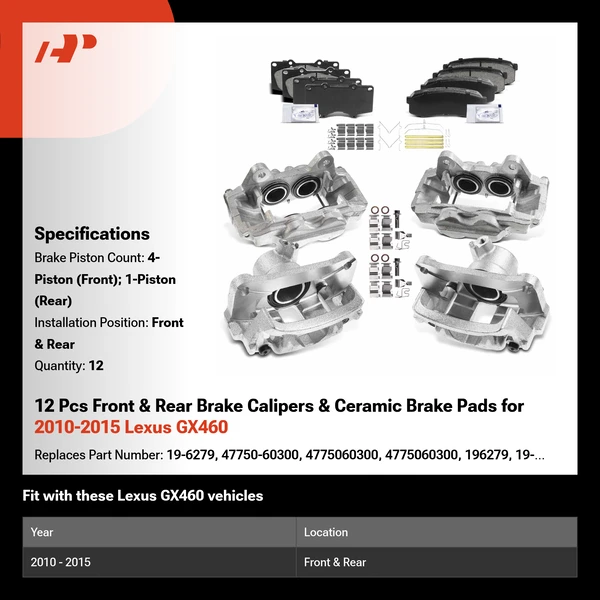 12 Pcs Front & Rear Brake Calipers & Ceramic Brake Pads for 2010-2015 Lexus GX460