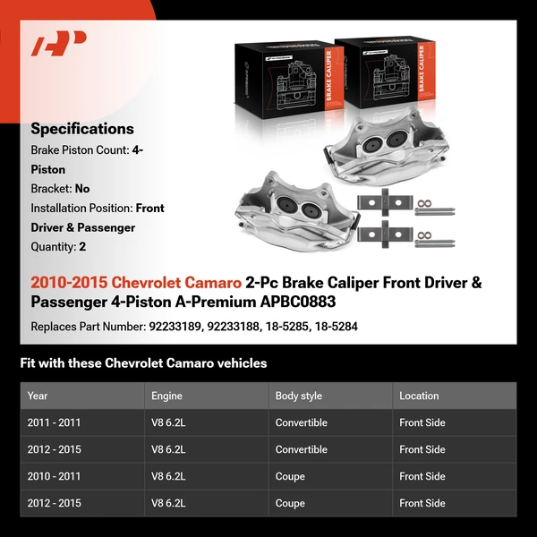 2010-2015 Chevrolet Camaro 2-Pc Brake Caliper Front Driver & Passenger 4-Piston A-Premium APBC0883