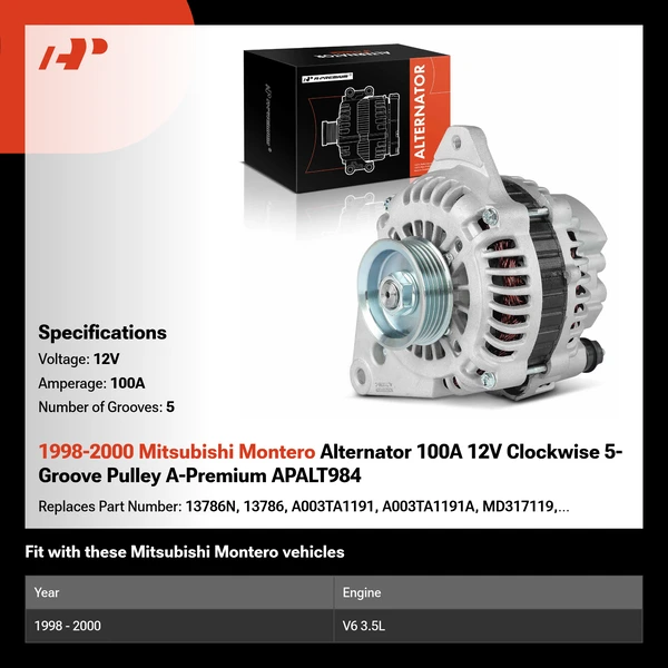 1998-2000 Mitsubishi Montero Alternator 100A 12V Clockwise 5-Groove Pulley A-Premium APALT984