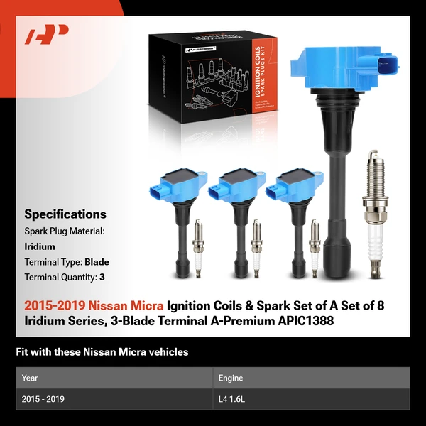 2015-2019 Nissan Micra Ignition Coils & Spark Set of A Set of 8 Iridium Series, 3-Blade Terminal A-Premium APIC1388