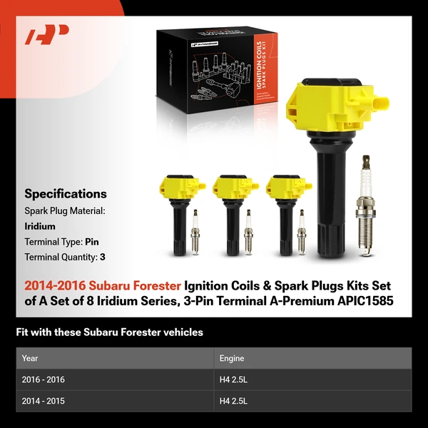 2014-2016 Subaru Forester Ignition Coils & Spark Plugs Kits Set of A Set of 8 Iridium Series, 3-Pin Terminal A-Premium APIC1585