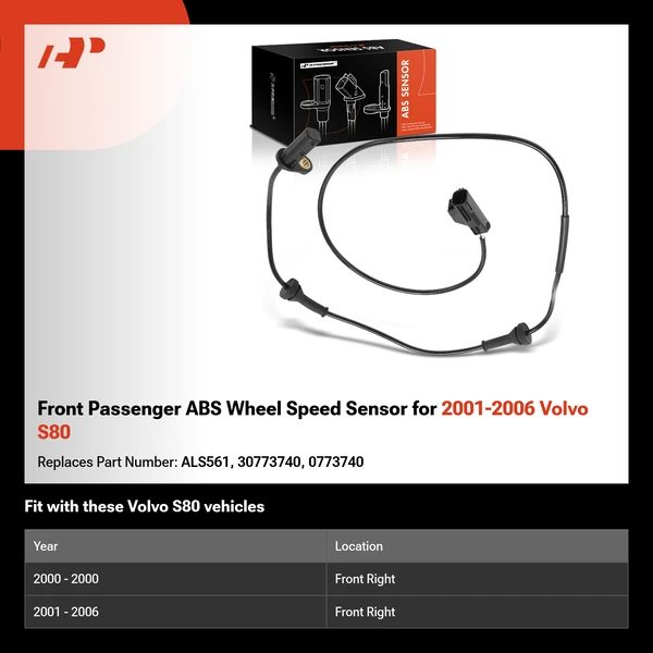 Front Passenger ABS Wheel Speed Sensor for 2001-2006 Volvo S80