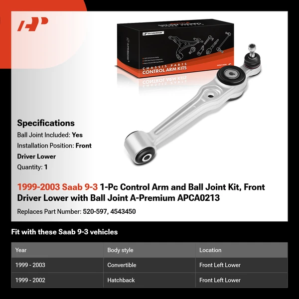 1999-2003 Saab 9-3 1-Pc Control Arm and Ball Joint Kit, Front Driver Lower with Ball Joint A-Premium APCA0213