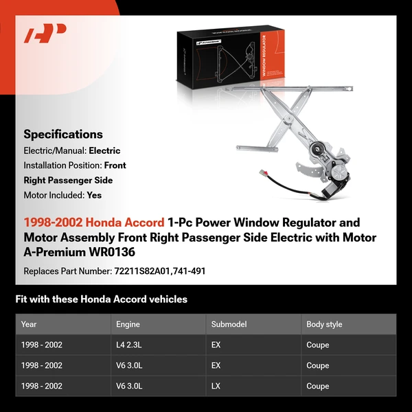 1998-2002 Honda Accord 1-Pc Power Window Regulator and Motor Assembly Front Right Passenger Side Electric with Motor A-Premium WR0136