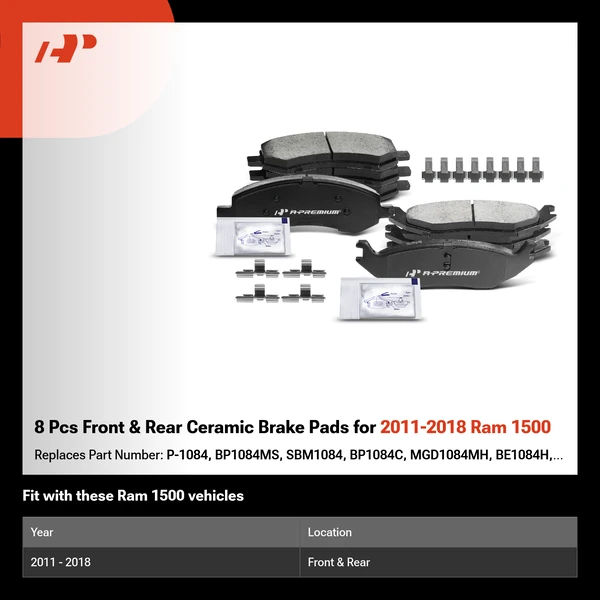 8 Pcs Front & Rear Ceramic Brake Pads for 2011-2018 Ram 1500
