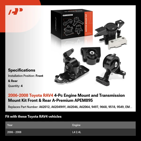 2006-2008 Toyota RAV4 4-Pc Engine Mount and Transmission Mount Kit Front & Rear A-Premium APEM895