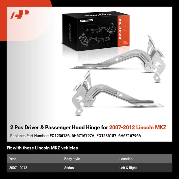 2 Pcs Driver & Passenger Hood Hinge for 2007-2012 Lincoln MKZ