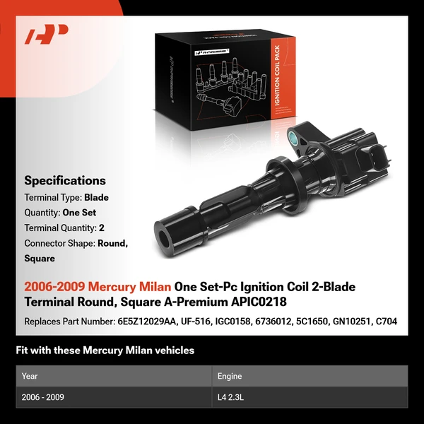 2006-2009 Mercury Milan One Set-Pc Ignition Coil 2-Blade Terminal Round, Square A-Premium APIC0218