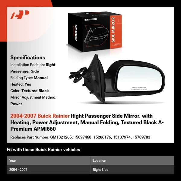 2004-2007 Buick Rainier Right Passenger Side Mirror, with Heating, Power Adjustment, Manual Folding, Textured Black A-Premium APMI660