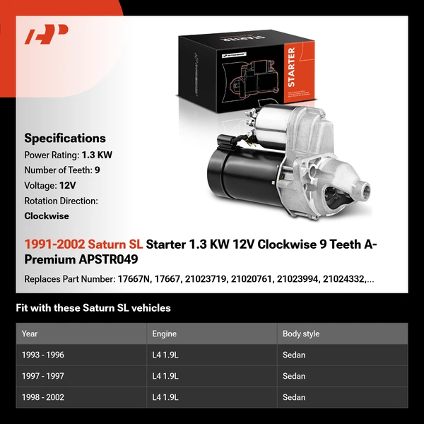1991-2002 Saturn SL Starter 1.3 KW 12V Clockwise 9 Teeth A-Premium APSTR049
