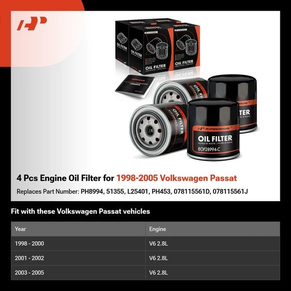 4 Pcs Engine Oil Filter for 1998-2005 Volkswagen Passat