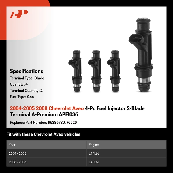 2004-2005 2008 Chevrolet Aveo 4-Pc Fuel Injector 2-Blade Terminal A-Premium APFI036