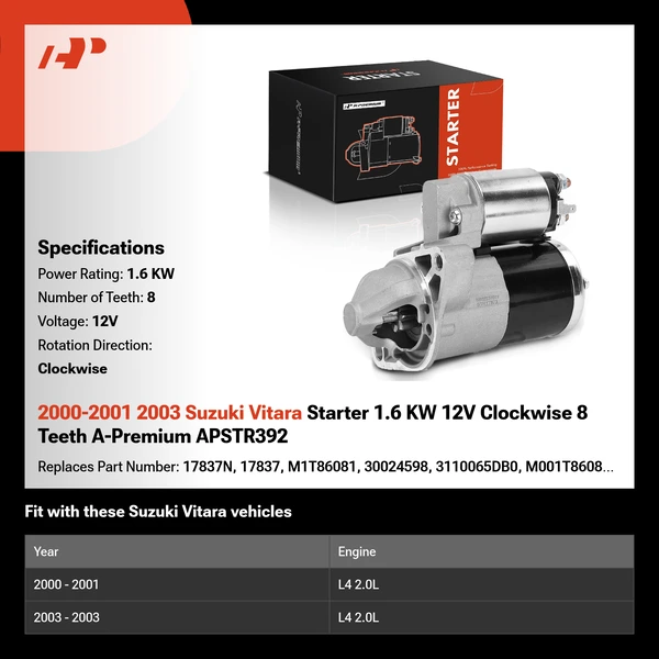 2000-2001 2003 Suzuki Vitara Starter 1.6 KW 12V Clockwise 8 Teeth A-Premium APSTR392