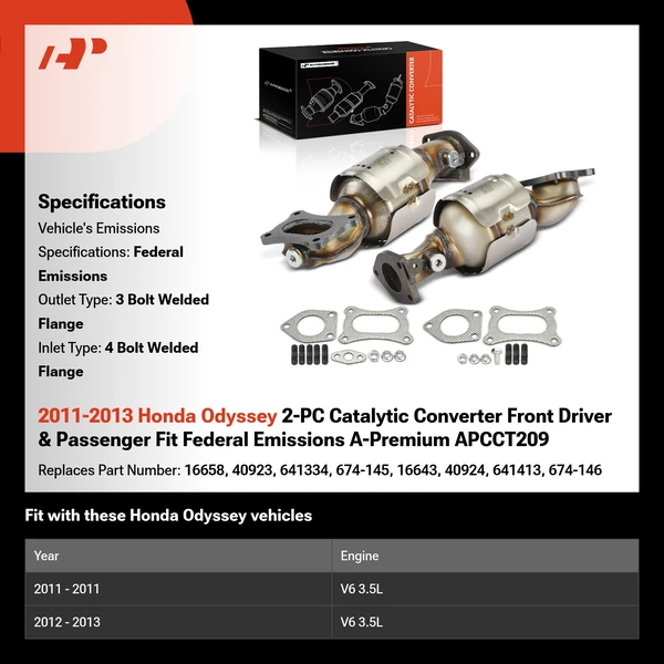 2011-2013 Honda Odyssey 2-PC Catalytic Converter Front Driver & Passenger Fit Federal Emissions A-Premium APCCT209
