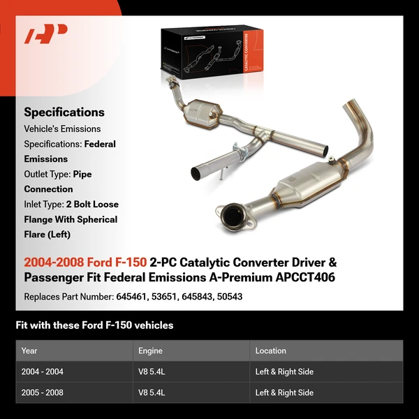 2004-2008 Ford F-150 2-PC Catalytic Converter Driver & Passenger Fit Federal Emissions A-Premium APCCT406