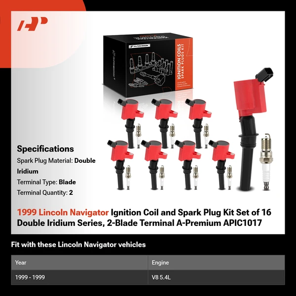 1999 Lincoln Navigator Ignition Coil and Spark Plug Kit Set of 16 Double Iridium Series, 2-Blade Terminal A-Premium APIC1017