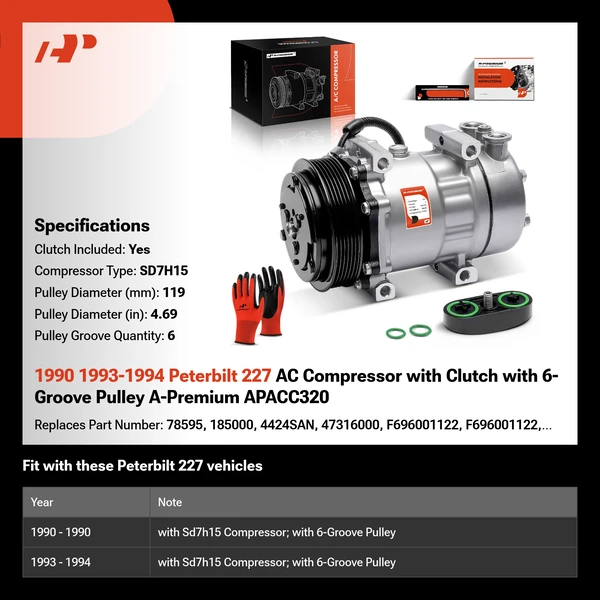 1990 1993-1994 Peterbilt 227 AC Compressor with Clutch with 6-Groove Pulley A-Premium APACC320
