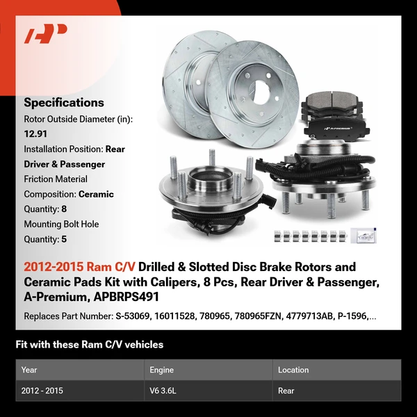 2012-2015 Ram C/V Drilled & Slotted Disc Brake Rotors and Ceramic Pads Kit with Calipers, 8 Pcs, Rear Driver & Passenger, A-Premium, APBRPS491