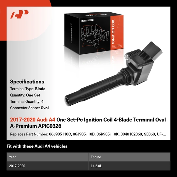 2017-2020 Audi A4 One Set-Pc Ignition Coil 4-Blade Terminal Oval A-Premium APIC0326