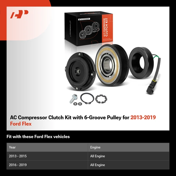 AC Compressor Clutch Kit with 6-Groove Pulley for 2013-2019 Ford Flex