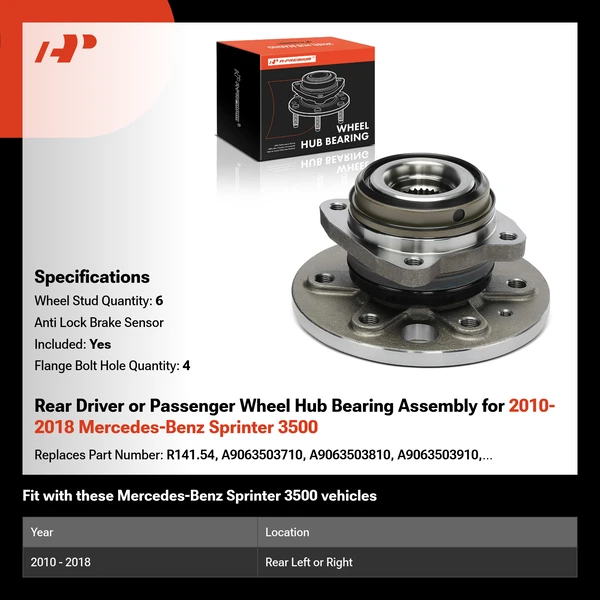 Rear Driver or Passenger Wheel Hub Bearing Assembly for 2010-2018 Mercedes-Benz Sprinter 3500