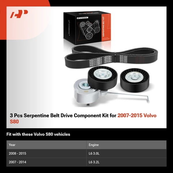 3 Pcs Serpentine Belt Drive Component Kit for 2007-2015 Volvo S80