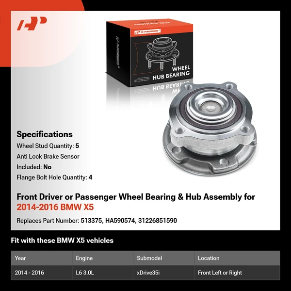 Front Driver or Passenger Wheel Bearing & Hub Assembly for 2014-2016 BMW X5